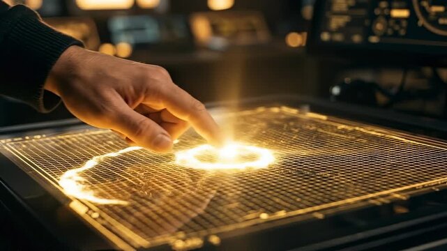 A finger presses a glowing holographic interface, displaying intricate data streams and futuristic graphics, symbolizing advanced technology and digital interaction.