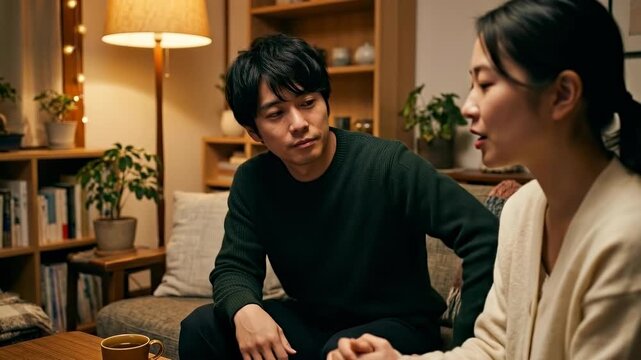 A couple sits closely together in a warmly lit living room, engaged in an intimate conversation, conveying a sense of closeness and shared experience.