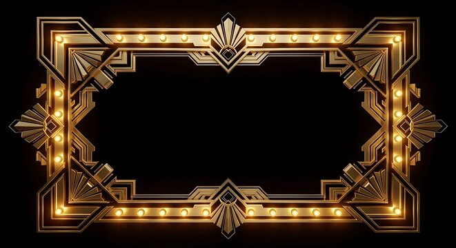 Luxurious Art Deco inspired golden illuminated frame, perfect for vintage event backdrops, theatrical announcements, or elegant design projects requiring a glamorous border and retro aesthetic