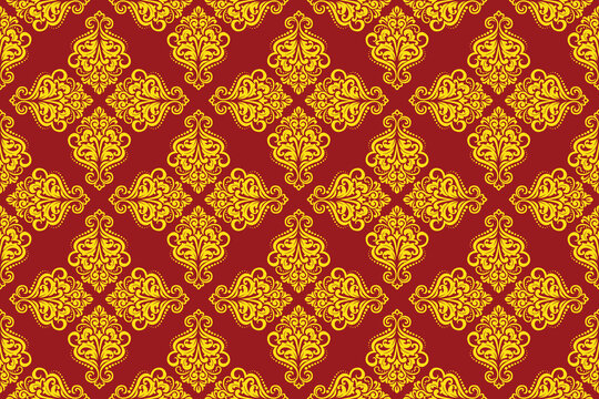 Luxury gold intricate cross damask seamless pattern on red background. Highly detailed baroque ornament with elegant lace scrolls and dotted lines vector illustration for premium wallpaper, textile.