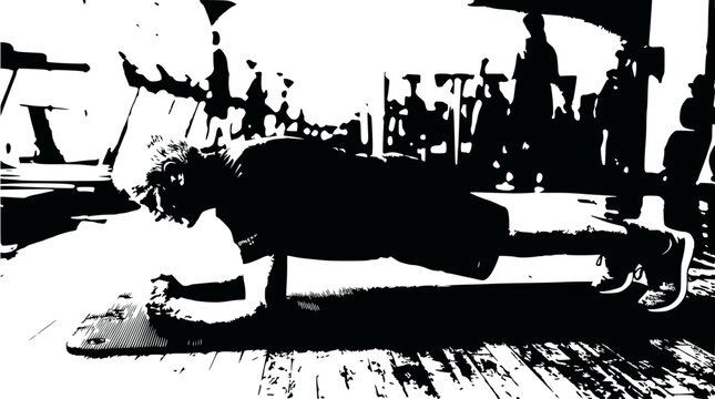 Man doing push-ups in gym, black and white graphic style