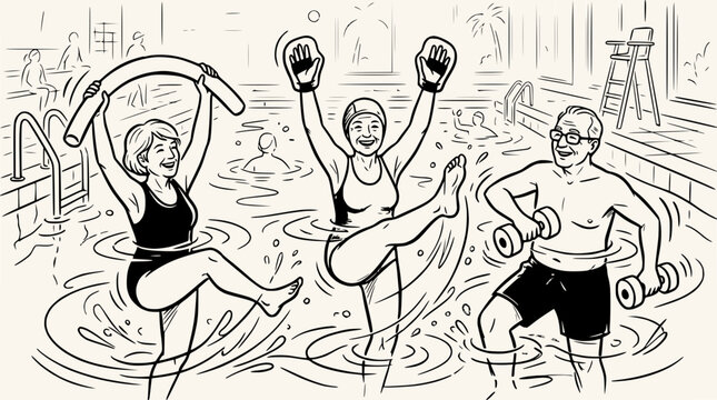 Seniors Enjoying Water Aerobics Class in Indoor Pool with Noodle and Dumbbells