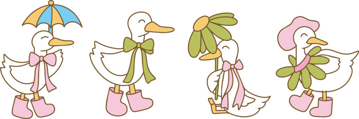 Adorable cartoon geese wearing pink boots holding umbrellas and flowers © Chotirat