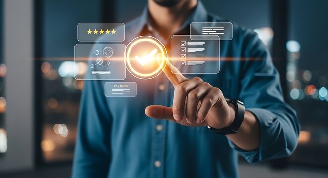 Businessman Touching Virtual Screen with Digital Interface for Quality Assurance and Rating