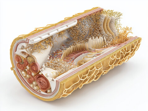 Human artery anatomy illustration showing 3D longitudinal cross section with arterial wall layers intima media adventitia vascular lumen and cardiovascular cellular organization in warm amber gold ton