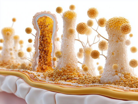 Human cerebral cortex pyramidal neuron anatomy illustration showing 3D cortical architecture with apical dendrites cell bodies basal architecture and cortical neural cellular organization in warm ambe