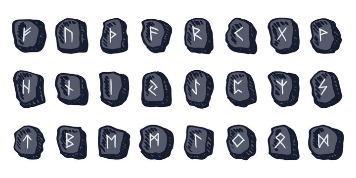Set of hand drawn viking runes Rune stones with ancient norse alphabet characters engraved on them Scandinavian futhark germanic celtic Single element for design, print, web, decor