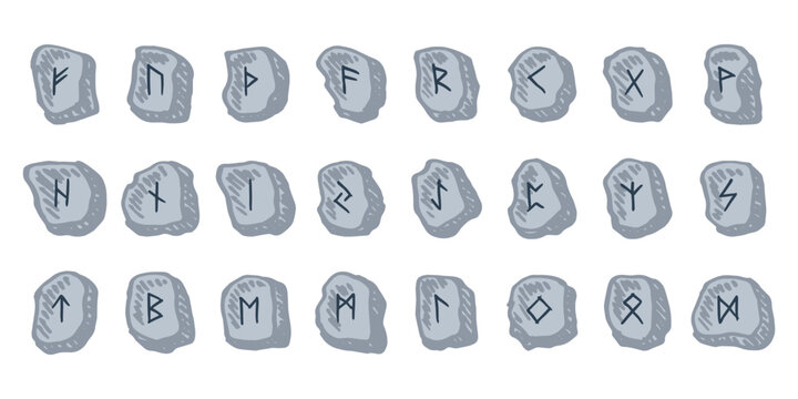 Set of hand drawn viking runes Rune stones with ancient norse alphabet characters engraved on them Scandinavian futhark germanic celtic Single element for design, print, web, decor