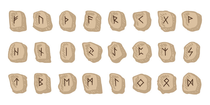 Set of hand drawn viking runes Rune stones with ancient norse alphabet characters engraved on them Scandinavian futhark germanic celtic Single element for design, print, web, decor