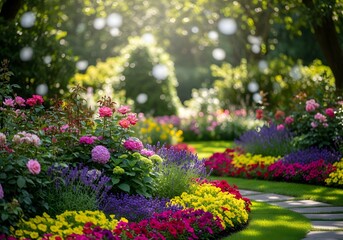Obraz premium Colorful flowers blooming in a beautiful garden path