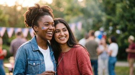 Naklejka premium Two diverse young women friends smiling together at an outdoor patriotic summer celebration with American flag face paint representing friendship and national pride