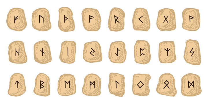 Set of hand drawn viking runes Rune stones with ancient norse alphabet characters engraved on them Scandinavian futhark germanic celtic Single element for design, print, web, decor