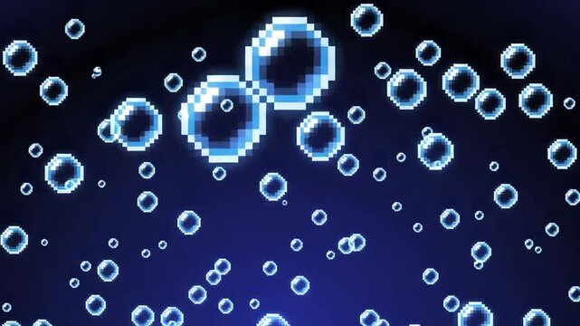 Pixel art water bubbles floating on blue background