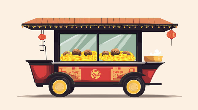 Illustrative food cart selling spaghetti and meatballs, with traditional lanterns