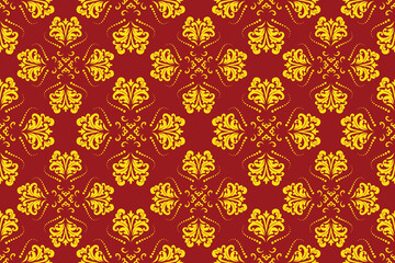 Fototapeta premium Luxury gold cross damask seamless pattern on red background. Vintage baroque ornament with elegant curved dotted lines and mini motif details vector illustration for wallpaper, textile.