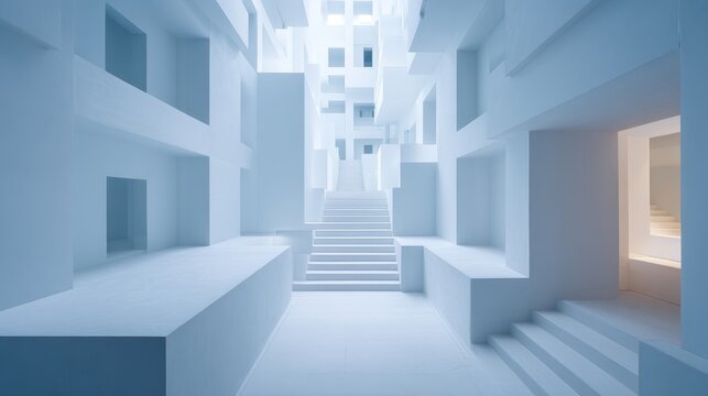 Minimalist White Geometric Architecture with Stairs and Light Wells