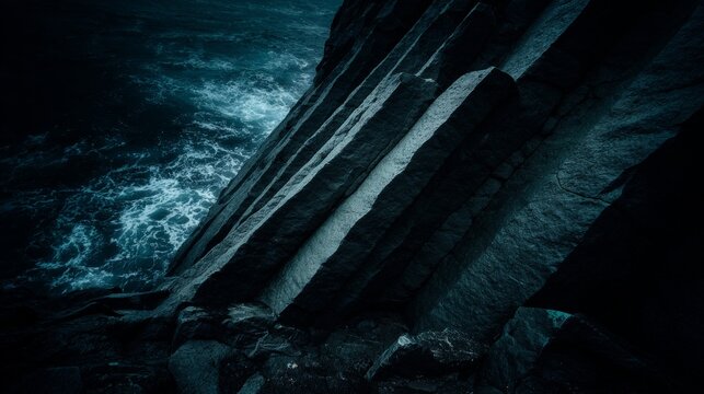 Jagged hexagonal basalt columns meet crashing waves on a dramatic rocky coastline
