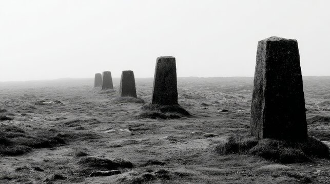 Row of stone trig pillars standing in a vast, foggy moorland landscape under a hazy sky