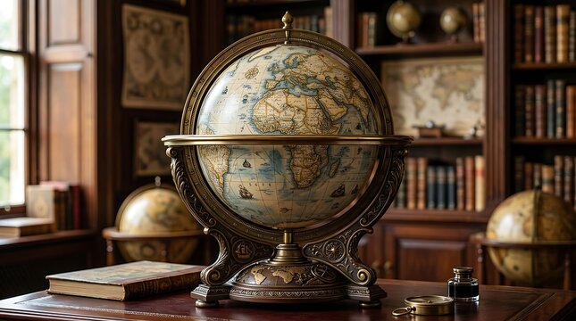 Ornate antique world globe in a traditional study with bookshelves