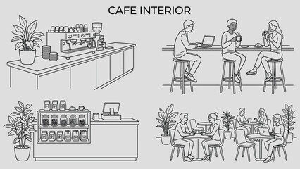 Obraz premium Minimal CAD cafe interior drawings set with counter, coffee machine, seating area and people, top view and elevation in clean architectural line style for plans and layouts 