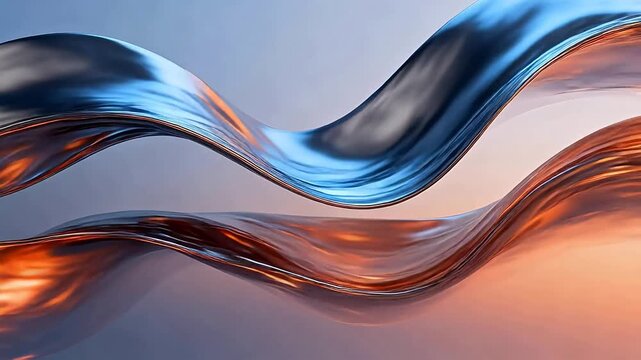 Metallic abstract wavy object with blue orange silver curves and smooth glossy surface