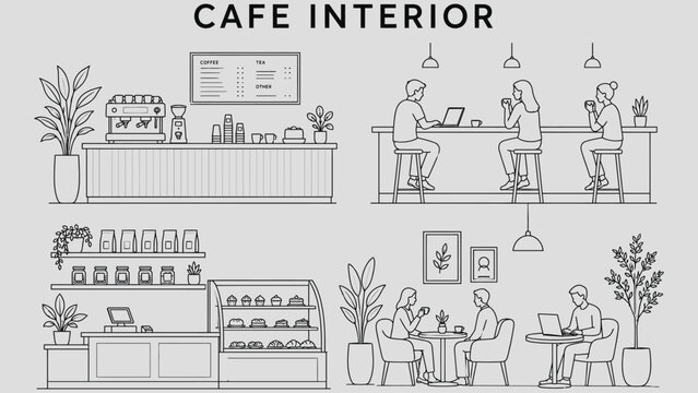  elevation in clean architectural line style for plans and layouts,Minimal CAD cafe interior drawings set with counter, coffee machine, seating area and people, top view 