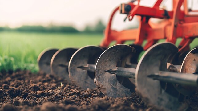Disc harrow action on soil agricultural field macro shot dark metal contrast close-up view premium quality
