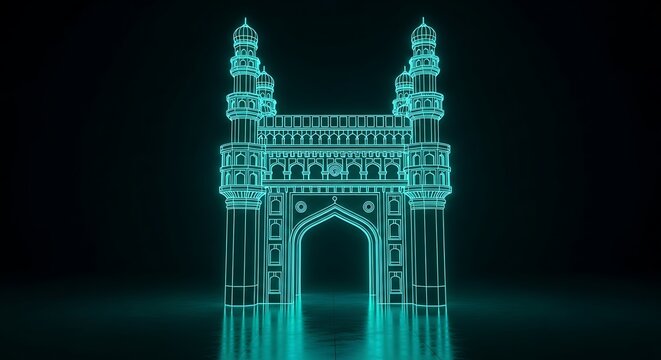 3D neon outline of Charminar, a historical monument against a dark background