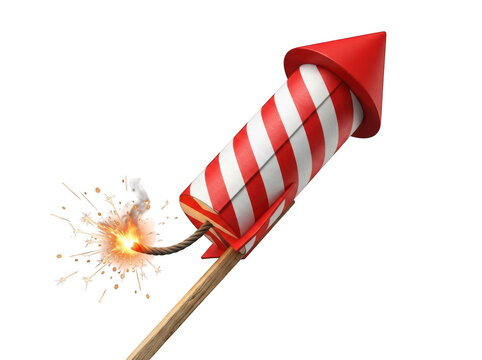 Firework rocket with red and white stripes exploding
