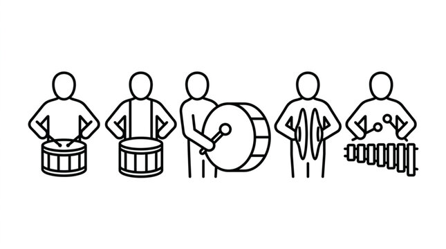 Music Band Icon Set: Drums, Cymbals, Xylophone, Percussion Instruments