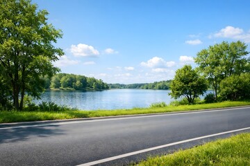 Fototapeta premium Empty asphalt road through a green forest leading toward the countryside under a cloudy summer sky