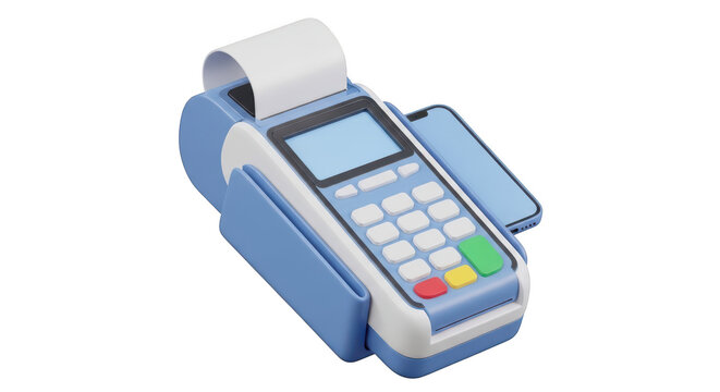 A blue and white payment terminal with a card reader and receipt printer isolated on transparent background