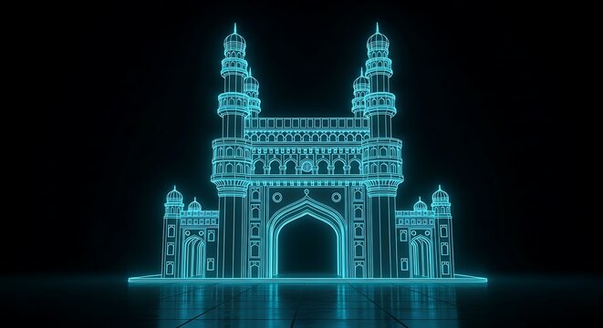 Holographic projection of Charminar monument at night, a famous landmark in Hyderabad