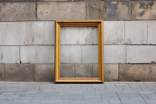 Empty vintage frame on concrete wall beside arched stone pavement street, copy space