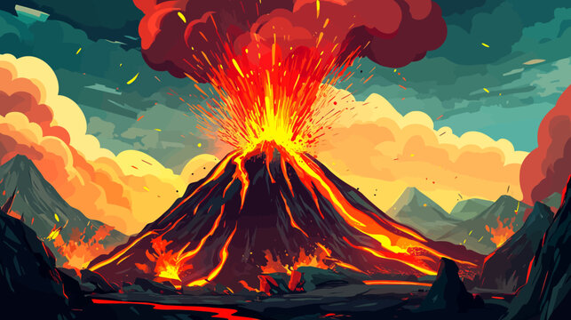 Eruption of a volcano with flowing lava and explosive ash