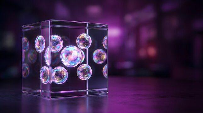 Floating glowing orbs inside a glass cube on a dark purple background