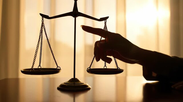 Silhouette of classic metal balance scales on a wooden table with a hand reaching toward it against a warm backlit window with curtains during sunset or golden hour light.
