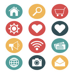 Fototapeta premium Assorted circular web icons in retro colors including home search shopping cart heart and camera symbols for interface design vector illustration.
