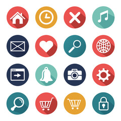 Fototapeta premium Set of modern flat icons with long shadows, featuring house, clock, cross, music note, mail, heart, search, globe, browser, bell, camera, gear, shopping carts, and lock.