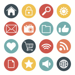 Fototapeta premium Set of flat round interface icons with various web symbols in vintage color palette including home lock search and social media vector illustration.