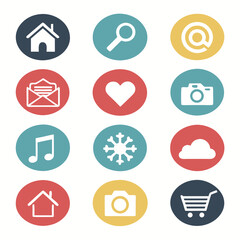 Fototapeta premium Set of flat round icons with long shadows, showcasing house, search, at symbol, mail, heart, camera, music note, snowflake, cloud, and shopping cart.