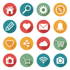 Fototapeta premium Set of 16 circular flat icons showcasing common symbols including home, search, gear, compass, pencil, heart, envelope, bell, cart, camera, wifi, and more for interface design.