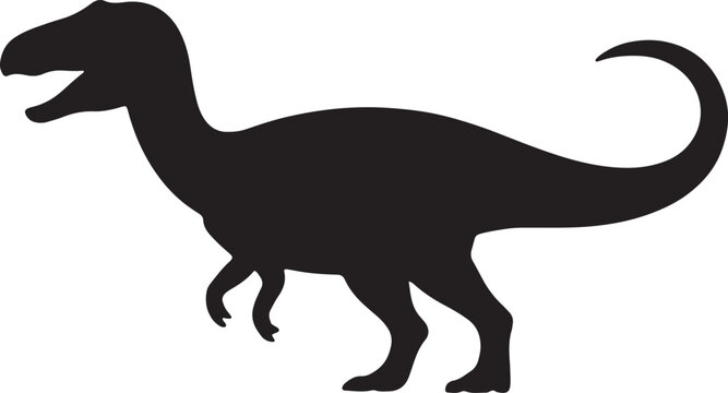 Black silhouette of a theropod dinosaur with open mouth and curved tail white prehistoric