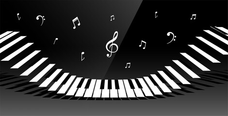 Naklejka premium curved piano keyboard dark background with musical notes