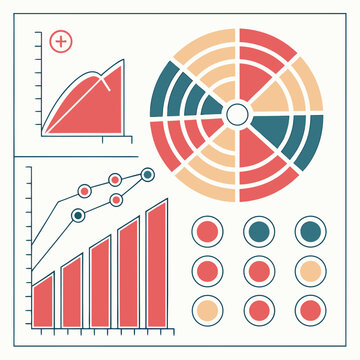 Radial chart and line graphs with bar statistics for complex data analysis and mathematical modeling presented in colorful flat vector illustration.