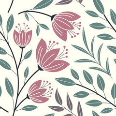 Fototapeta premium Seamless pattern with stylized blooming flowers and green leaves on white background floral botanical vector illustration for textile and wallpaper.