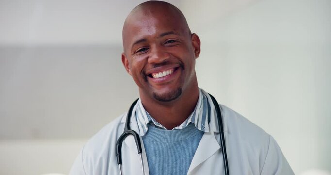 Doctor, mask and face of black man in hospital for virus protection, outbreak and virologist. Healthcare advisor, infectious disease expert and medical with person in clinic for ppe and about us