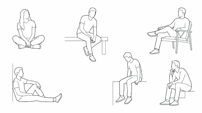 Minimalist line art people sitting, set of 6 vector silhouettes of men and women in casual poses, architectural scale figures for floor plans