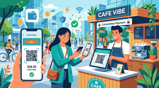 Woman scans QR code on phone with cafe worker at outdoor food stall