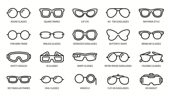 Various eyeglasses are displayed in an illustration showing different types and styles.